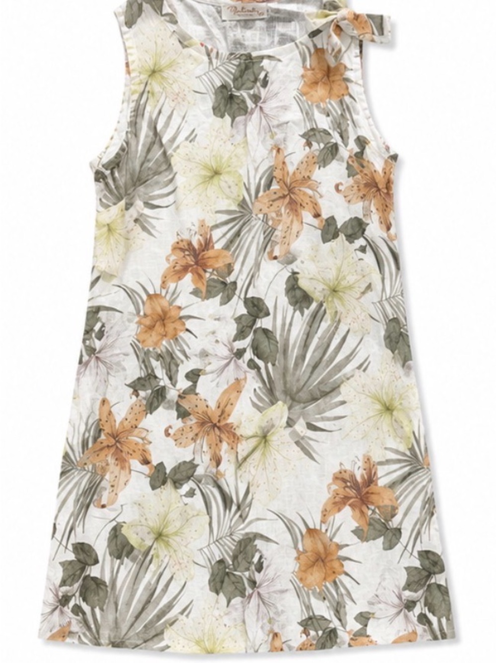 Floral shoulder tie linen Dress - Rust, White & yellow with Green Floral Print
